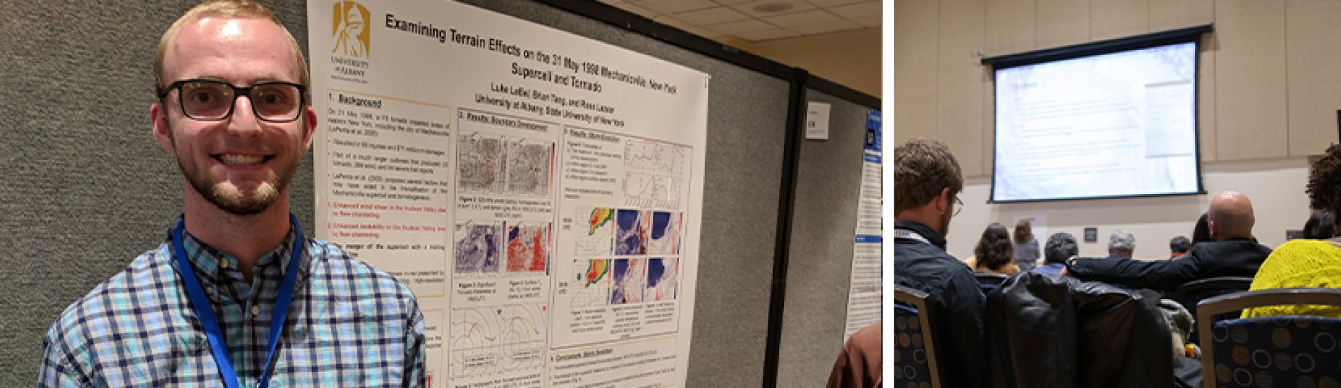 A composite of a student in glasses and a lanyard standing in front of a research poster on the left and a conference room full of people looking at a projector screen on the right.